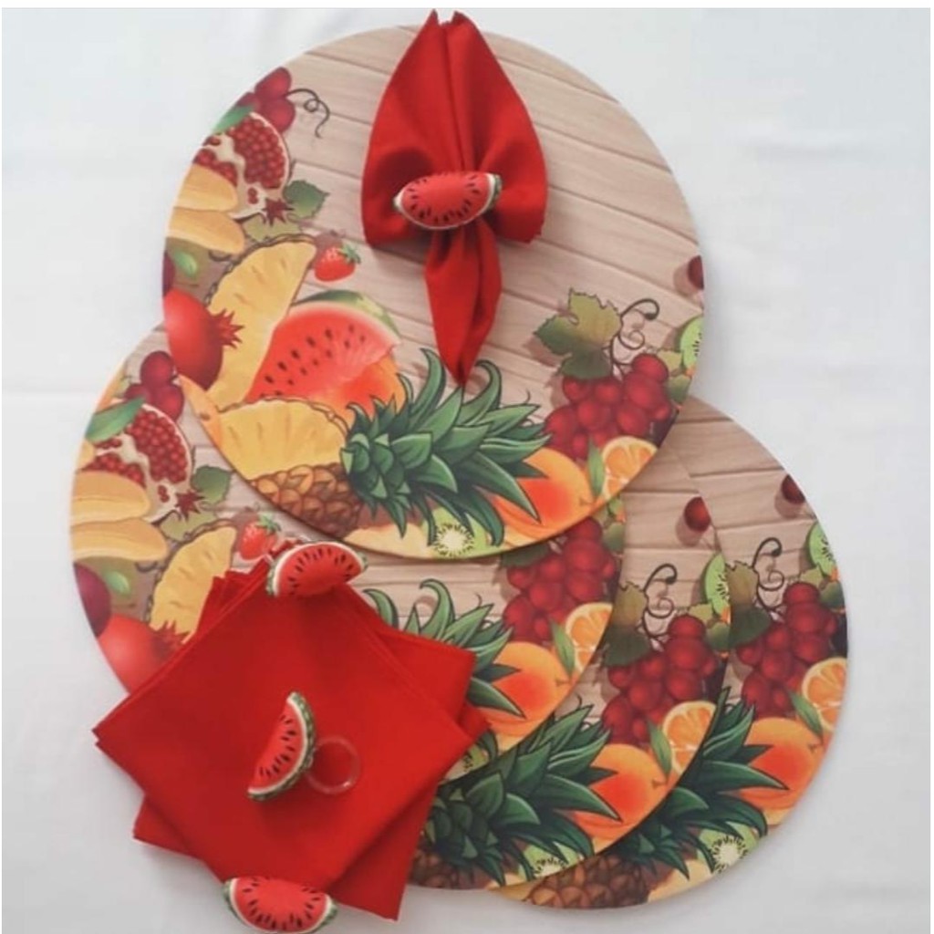 Kit 8 peças: 4 Capas Sousplat frutas + 4 porta guardanapos melancia