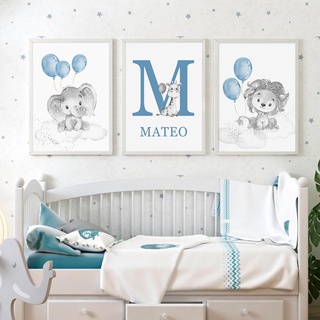 Quadro decorativo 3 peças 20x30 com nome personalizado azul animais de desenho animado leão, elefante decoração em Oferta na Shopee