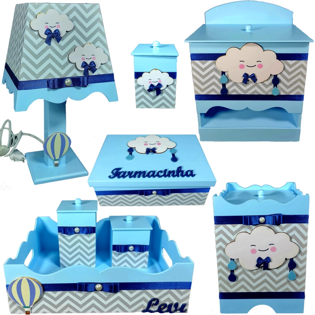 Kit Higiene Bebê madeira mdf com nome Nuvens Chuva Amor Benção Azul claro e chevron cinza