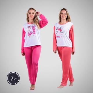 Kit 2 Pijama Longo Feminino Conjunto Estampado Colorido Manga Longa Calça Roupa Para Dormir Linha Noite Inverno Confortável Frio 314