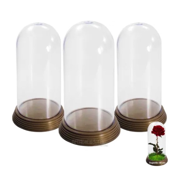 15 Redoma Cúpula de Acrílico com Base Dourada Modelo G 19 cm para colocar arranjo flores