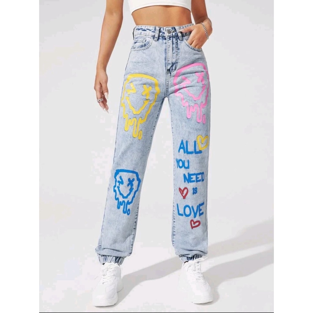 It's cheap Ultimate Classic shein desapego calça jeans colorida pintada alegre kidcore divertido love  desenho animado | Shopee Brasil