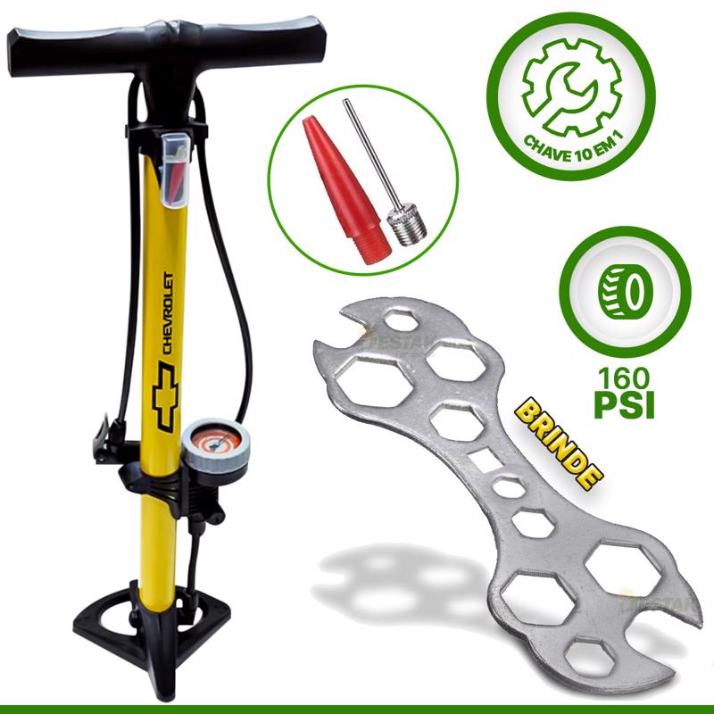 Kit Bomba De Ar Manual 140Psi Manômetro + Chave Universal Para Bicicleta 10 em 1