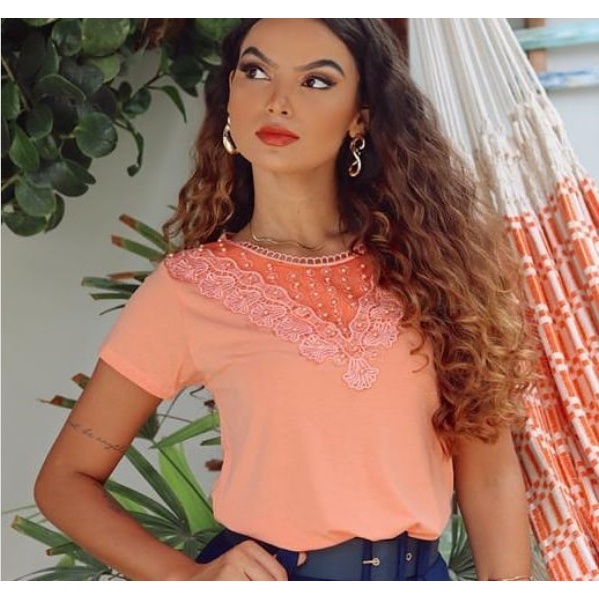 Blusa Renda  Guipir com Pedraria.  MFBL010
