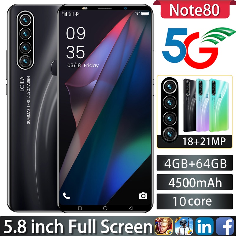 Smartphone Note80 Além Disso Smart Phone 5.8 Polegada 6 Gb De RAM + 128 ROM Dual Sim Celular Rosto Desbloquear Celulares
