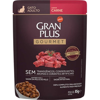 Sache Ração Úmida Gran Plus Sachê Gourmet Carne para Gatos Adultos caixa com 18 unidades em Oferta na Shopee