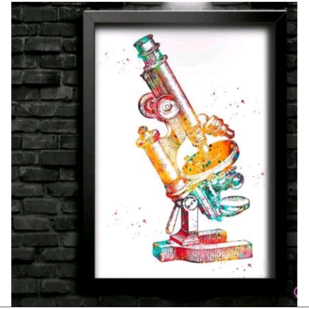 Quadro Decorativo Microscópio Colorido - Instrumento Óptico - Biomedicina - Pesquisas - Laboratório - Profissão