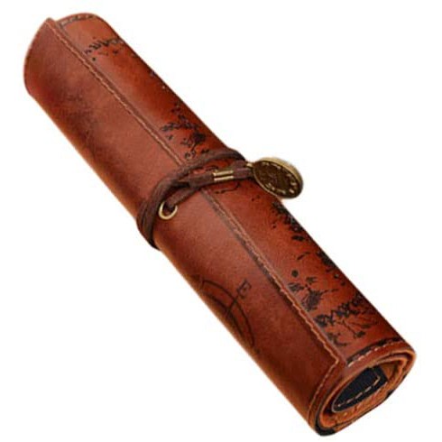 Coffee Cosanter Pencil Pouch Rolled Retro Pirate Treasure Map Style Leather Pencil Case Bag Holder 