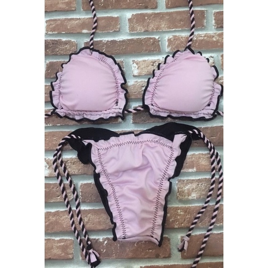 Biquíni ripple todo dupla face - sutiã com bojo e calcinha empina bumbum - conjunto dupla face rosa bebê com preto