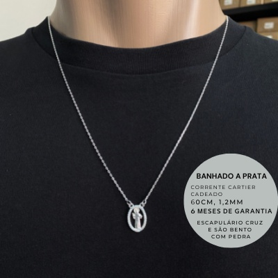 Escapulário Prata 925 Cruz e São Pedro Masculino Cravejado Corrente Cadeado Banhado