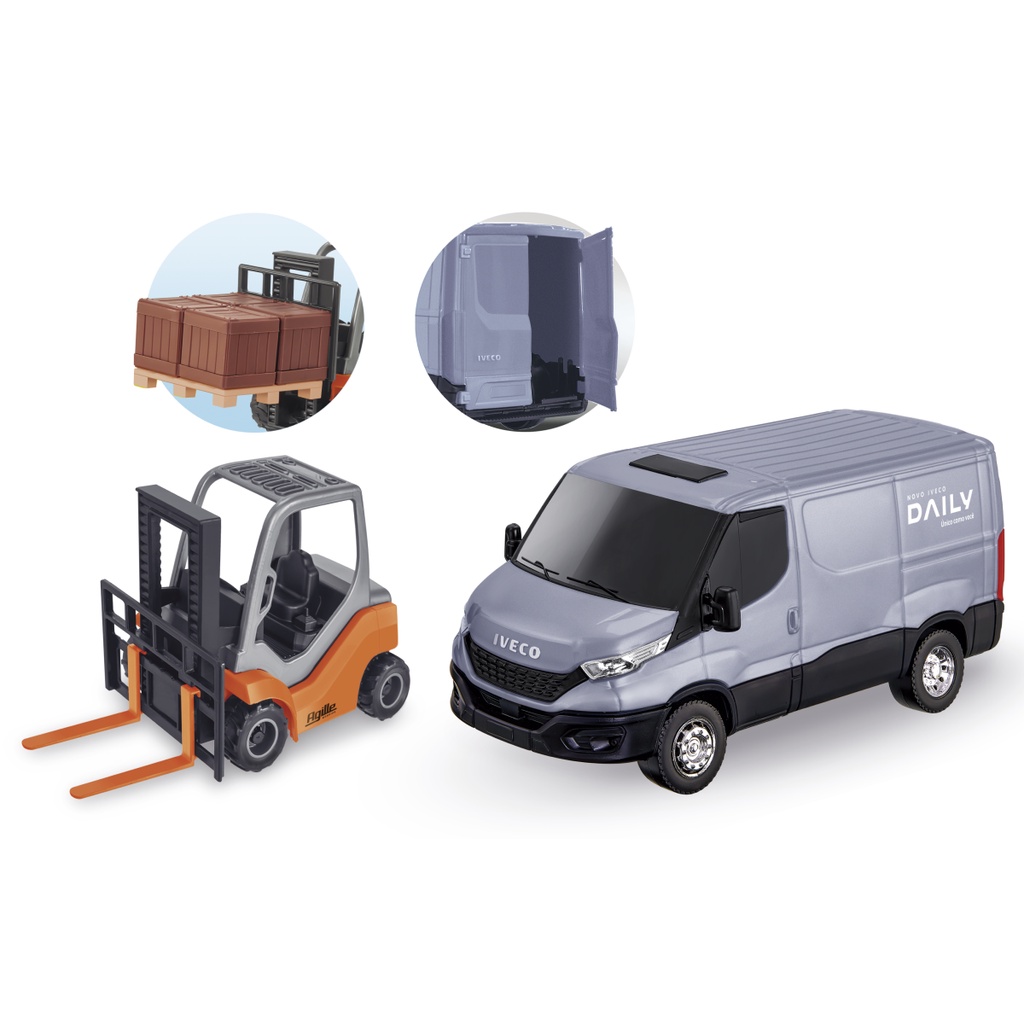Brinquedo Van Iveco Daily Abre Porta Traseira c/Empilhadeira Carro Carinho