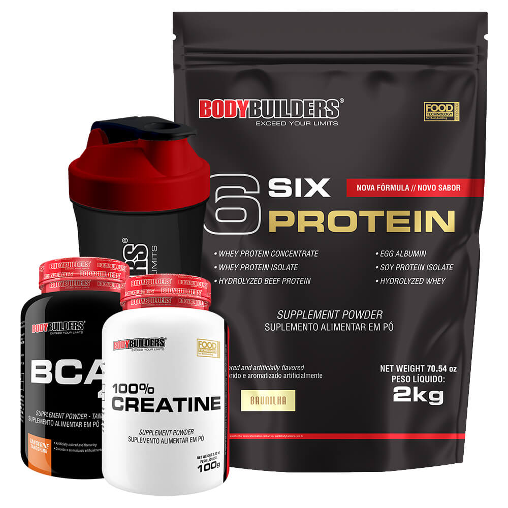 Kit 6 Six Whey Protein 2kg + BCAA + Creatine Power 100g (Não Creapure) + Coqueteleira – Bodybuilders