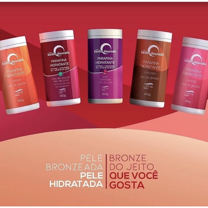 kit com 5 parafinas profissionais para bronzeamento chocolate, morango, cenoura, açaí e urucum 900g cada. Loja Show bronze