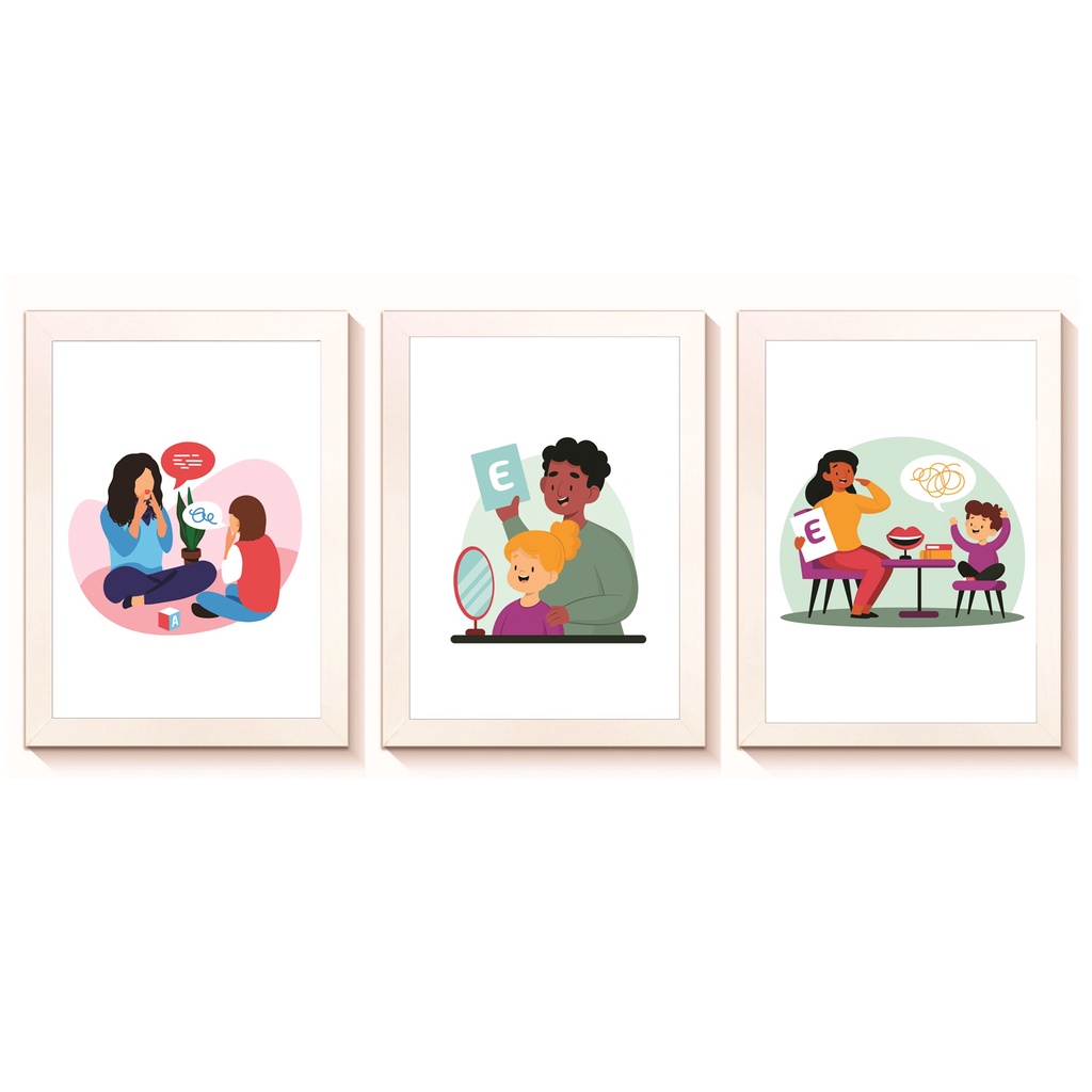 Kit 3 Quadros Decorativos Fonoaudiologia Consultório Clínica Molduras 20x30cm Madeira Vidro Cor Brancas