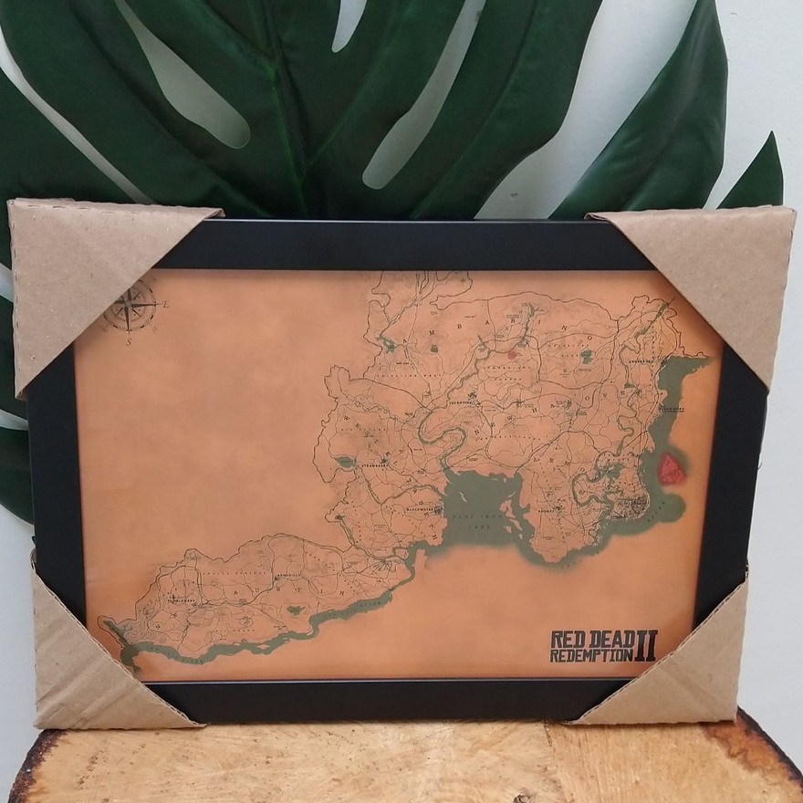 Quadro decorativo com moldura e vidro Red Dead Redemption 2 mapa geek pôster