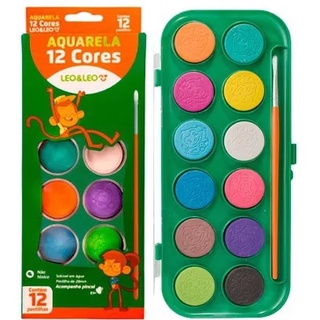 Aquarela 12 Cores Léo Léo + Pincel Estojo AQUARELA Papelaria Material escolar Estojo Aquarela
