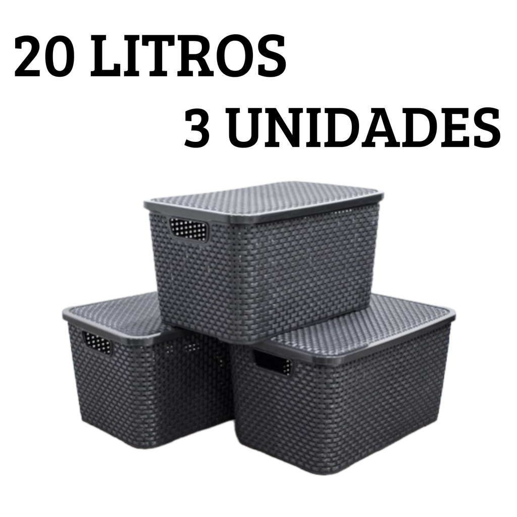 Kit 3 Caixas Organizadoras Cesto Multiuso Rattan 20 Litros Com Tampa Preto Empilhavel em Oferta na Shopee