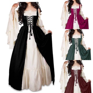 Âmbar | Halloween Mulheres Europeu Corte Medieval Vampiro Cosplay Fantasia Carnaval Vintage Sem Alças Manga Longa Rainha Elegante Vestido