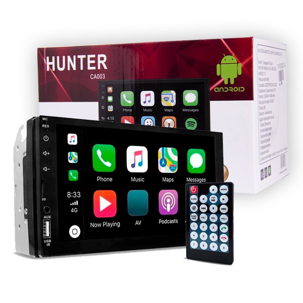 Central Multimídia Tipo Pioneer Android CarPlay MP5 Touch Screen USB SD Bluetooth Hunter Tela de Vidro 7"