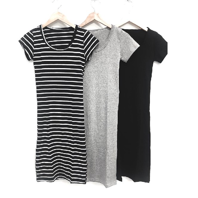 Kit 3 vestidos manga curta para gestante 96% algodão 4% elastano (PRETO, MESCLA, LISTRA FINA).