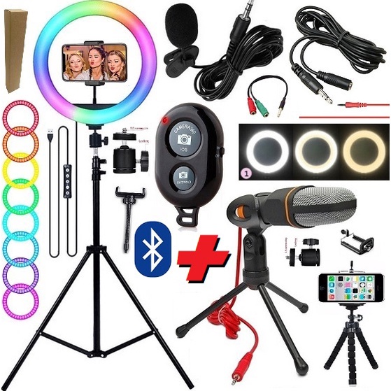 Kit Gravação Vídeo Profissional Iluminador Led Ring Light Colorido Pedestal Celular Microfone Condensador + Controle