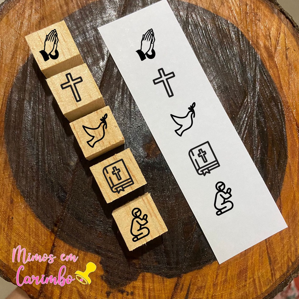 Kit carimbo Igreja mini 1,5cm com 5 unid artesanal madeira embalagem