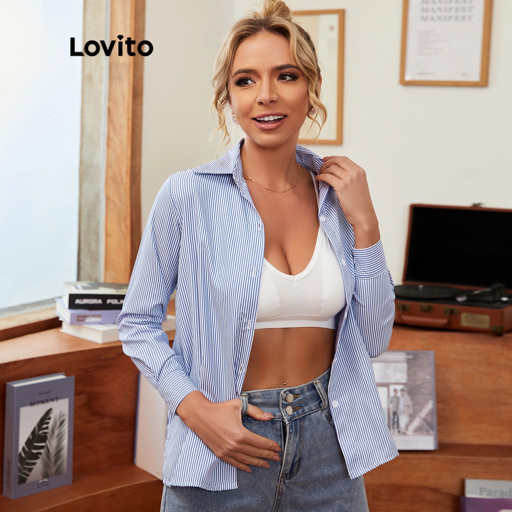 Lovito Casual Blisa Listrada Básica de Botão L16X101 (Azul)