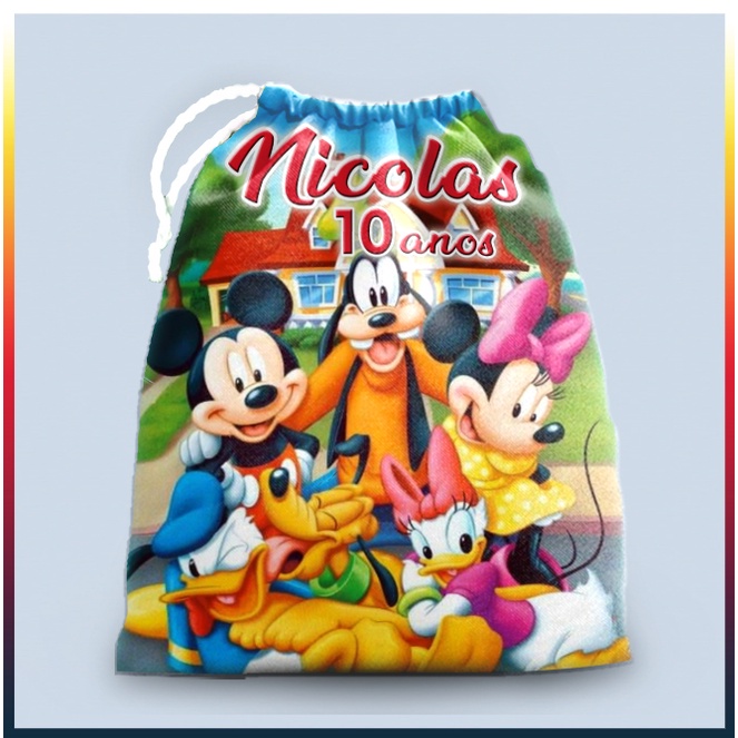 10 sacolinhas personalizada tecido MICKEY E TURMA para lembrancinha  festa de aniversario 30cmx20cm