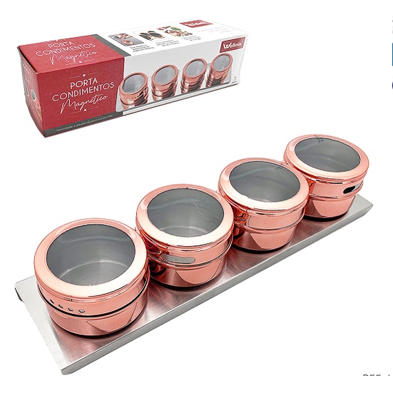 Kit 4 Porta Tempero Porta Condimento Inox Magnético Com Imã Para Geladeira e Suporte