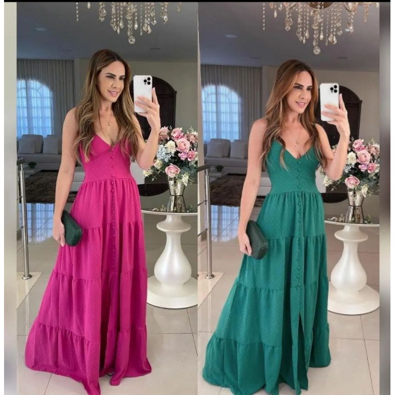 Vestido Feminino Luxo Longo Soltinho Alcinha com Bojo Botões Forrado Moda Feminina 2022 Duna
