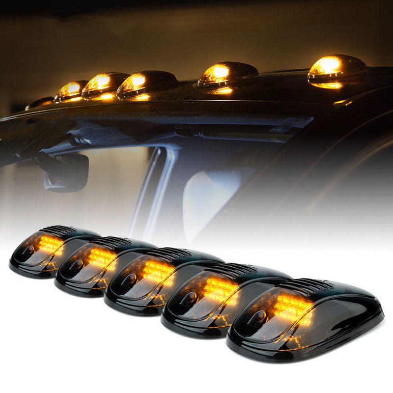 5 Piece Smoked Lens Amber LED Cab Roof Running Marker Light Set Compatible with Trucks SUVs RVs Off Road Complete Kit with Wiring Harness Switch & Hardware 