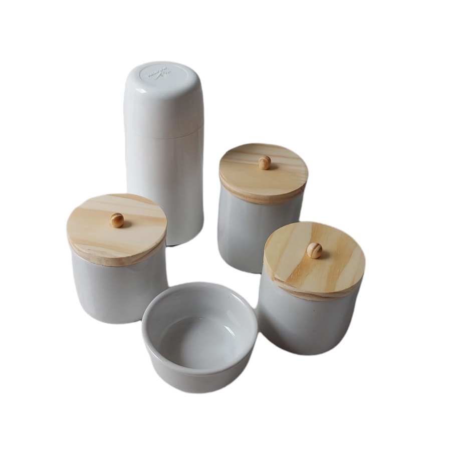 Kit Higiene Bebe Porcelana Potes tampa madeira molhadeira garrafa termica maternidade menino menina porta algodão cotonete