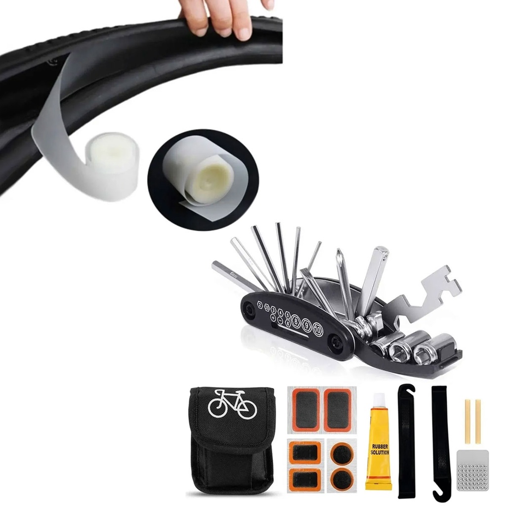 Kit De Remendo E Reparo Manutenção Para Bike Chave Allen + 2 Fita Bike Protetor Anti-furo Para Pneu Aro 29 e 26