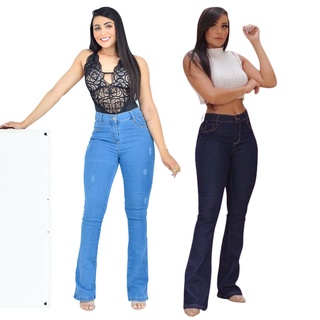 Kit 2 Calça Jeans Feminina Boca de Sino Boot Cut Calça Bailarina Flare Preta, Azul Marinho, Branca Enfermagem Efeito Empina Bumbum