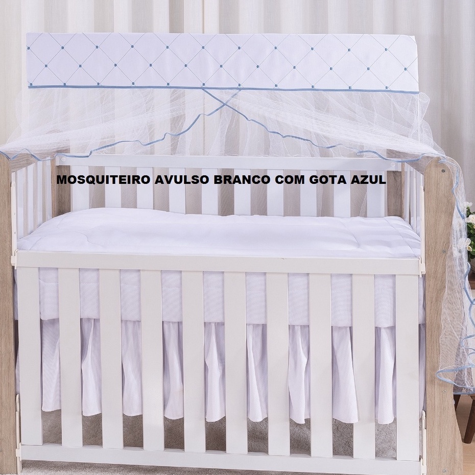 Mosquiteiro Avulso Para Berço Americano Branco Bordado Gotas Azul