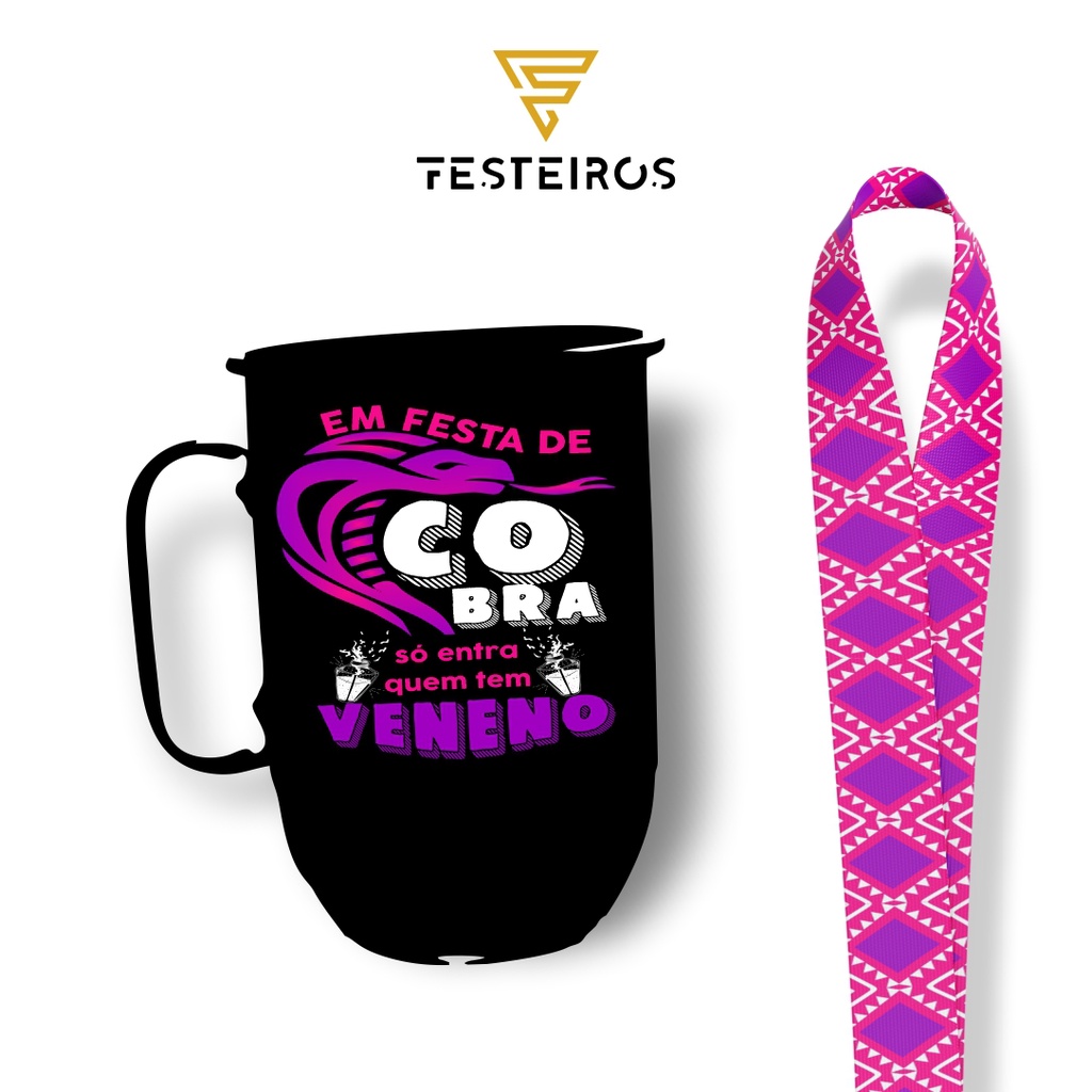 Caneca de alumínio com tirante personalizado - Caneca 500ml Com tirante - Caneca com tirante e abridor - Em festa de cobra só entra quem tem veneno - Veneno de cobra pra nós é drink