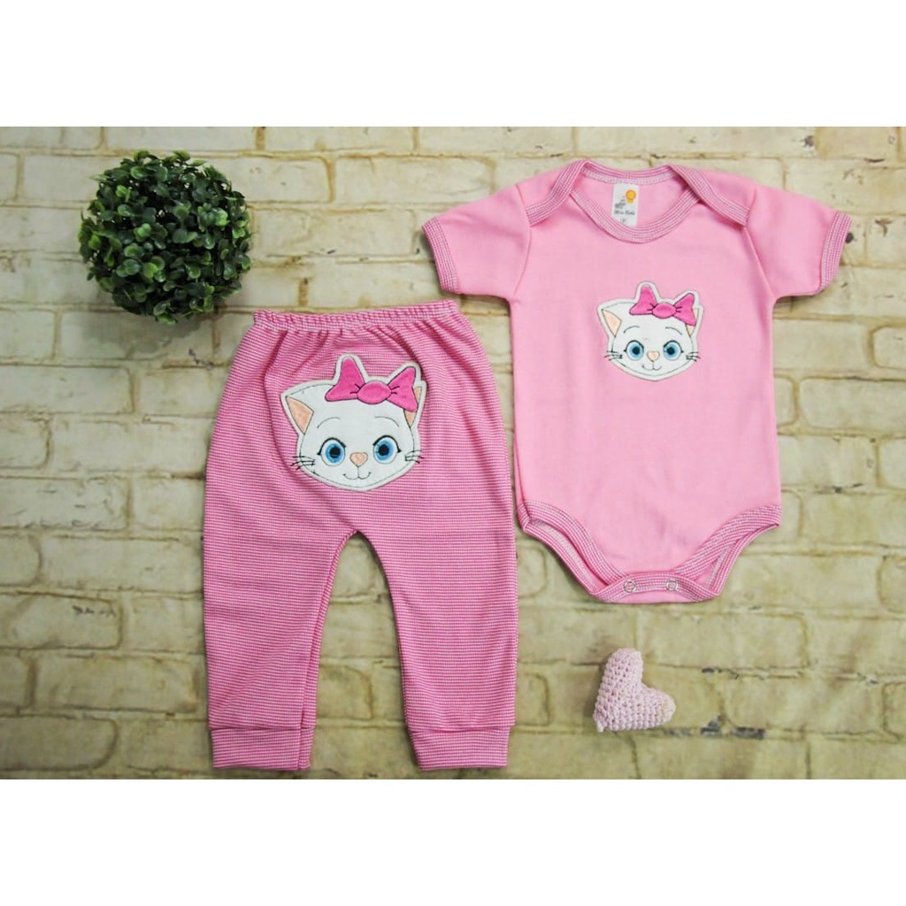 Conjunto body manga curta com aplicação + calça com aplicação em algodão