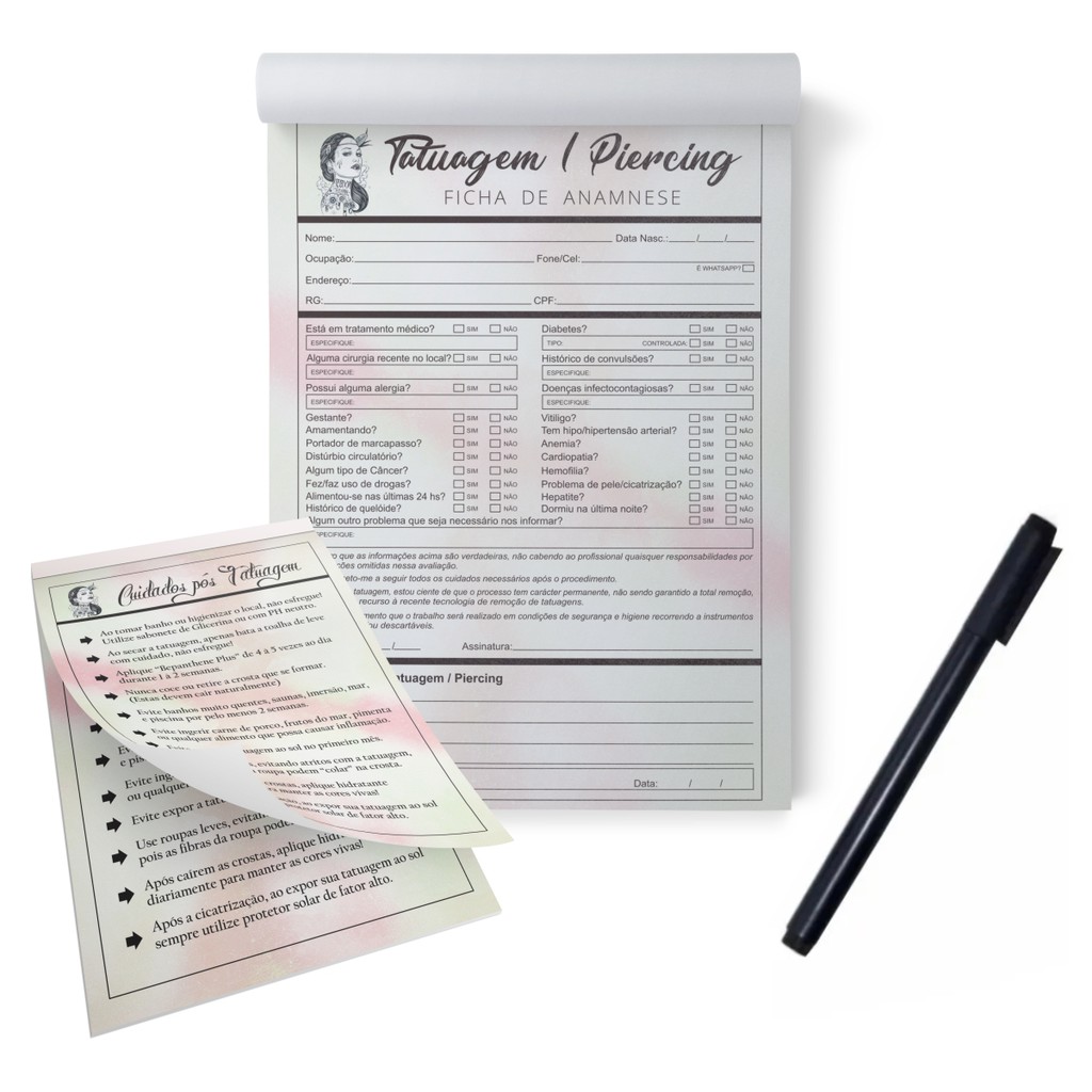 Kit Bloco Ficha De Anamnese + Cuidados Tatuagem / Tatoo / Tatuador