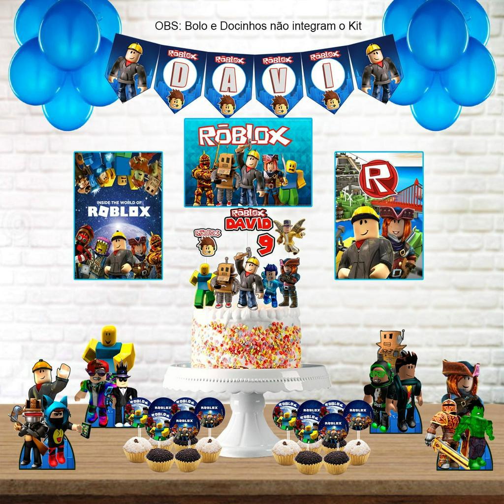 Kit festa em casa personalizado Roblox 17 itens + 1 topo de bolo + bandeirolas