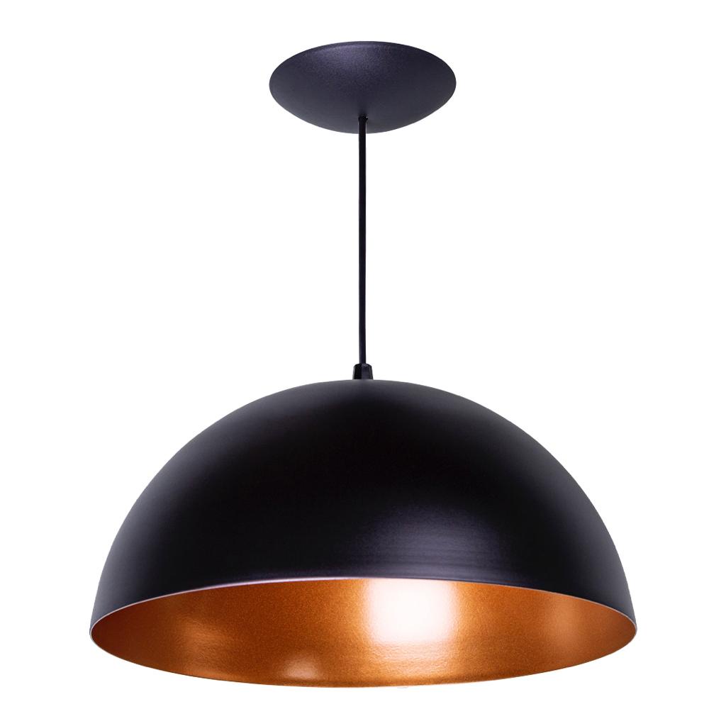Pendente Meia Lua Esfera 30cm Luminária Alumínio Preto Com Cobre