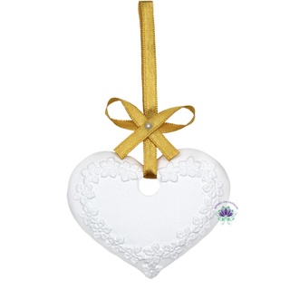 2 Pingentes de Gesso Coração Floral Fita Ouro