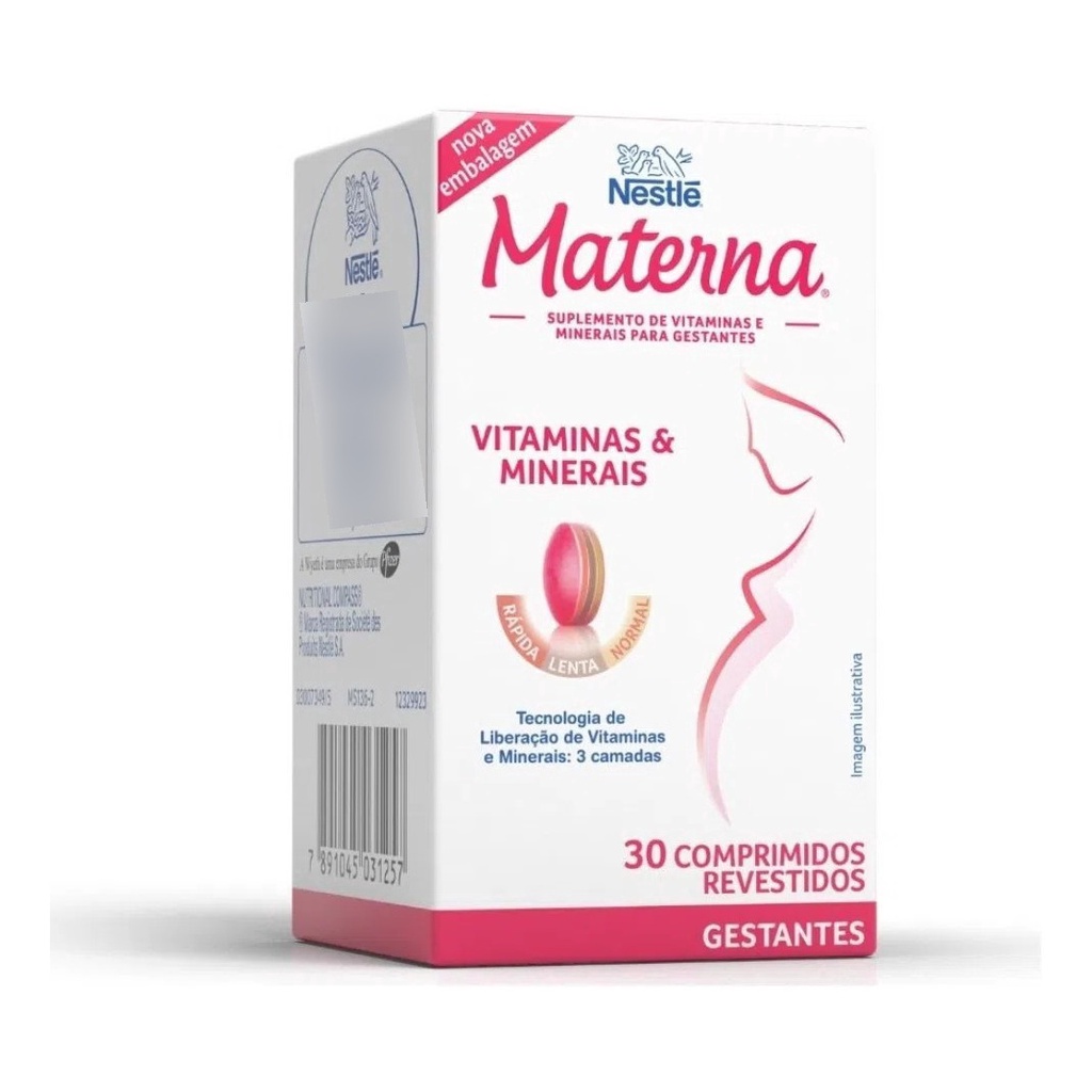 Vitamina Nestlé Materna Para Gestantes 30 Comprimidos Rico em Acido fólico