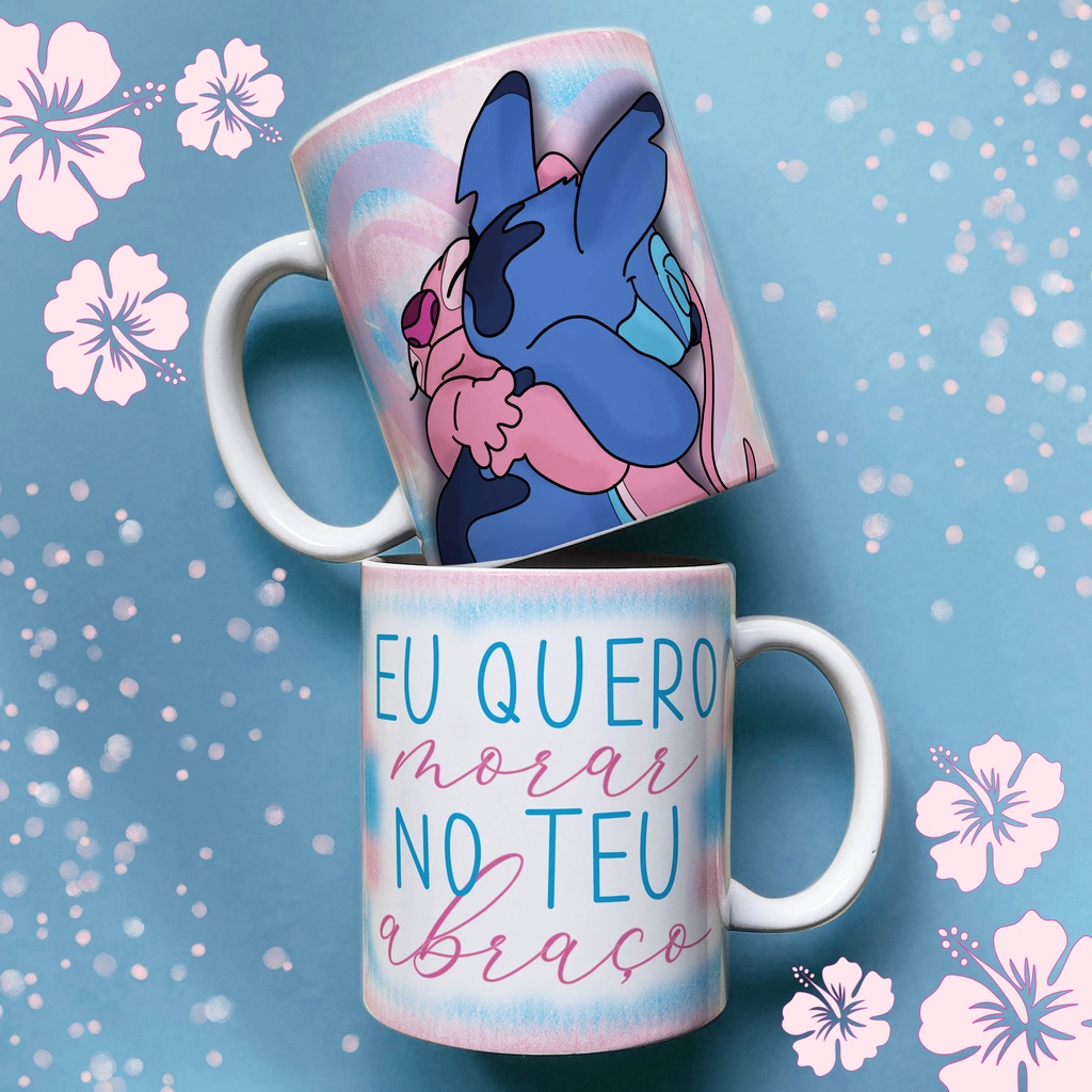 Caneca Stitch e Angel - Eu quero morar no teu abraço