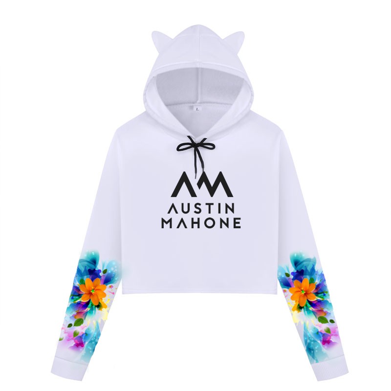 Blusa Cropped de Moletom Mangas Flores Azul e Laranja Austin Mahone A380