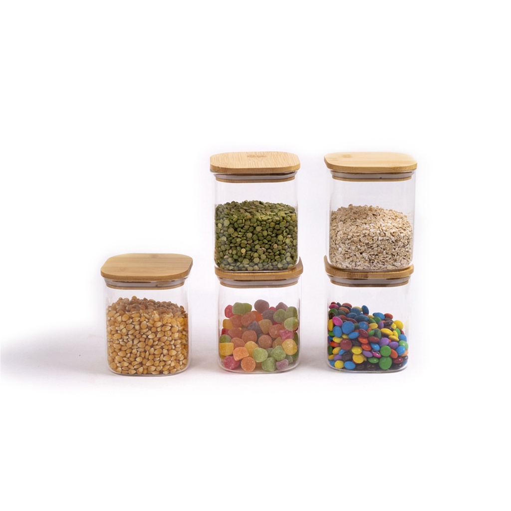 Kit Potes Hermeticos De Vidro Quad Flat Bambu 800ml - 5pçs - Home & Living