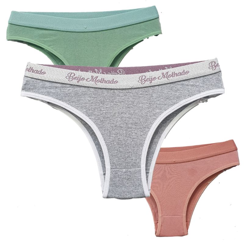 Kit 3 Calcinhas Cueca Feminina de Algodão com Elastico Barra e Viés em Poliamida Para Atacado Ou Revenda