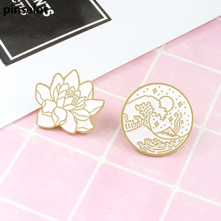 Teste Padrão De Lótus Onda Redonda Esmalte Pins Seaside Estrela Lua Oceano Planta Broches Chapéu Neutro Lapela Casaco Crachá Atacado