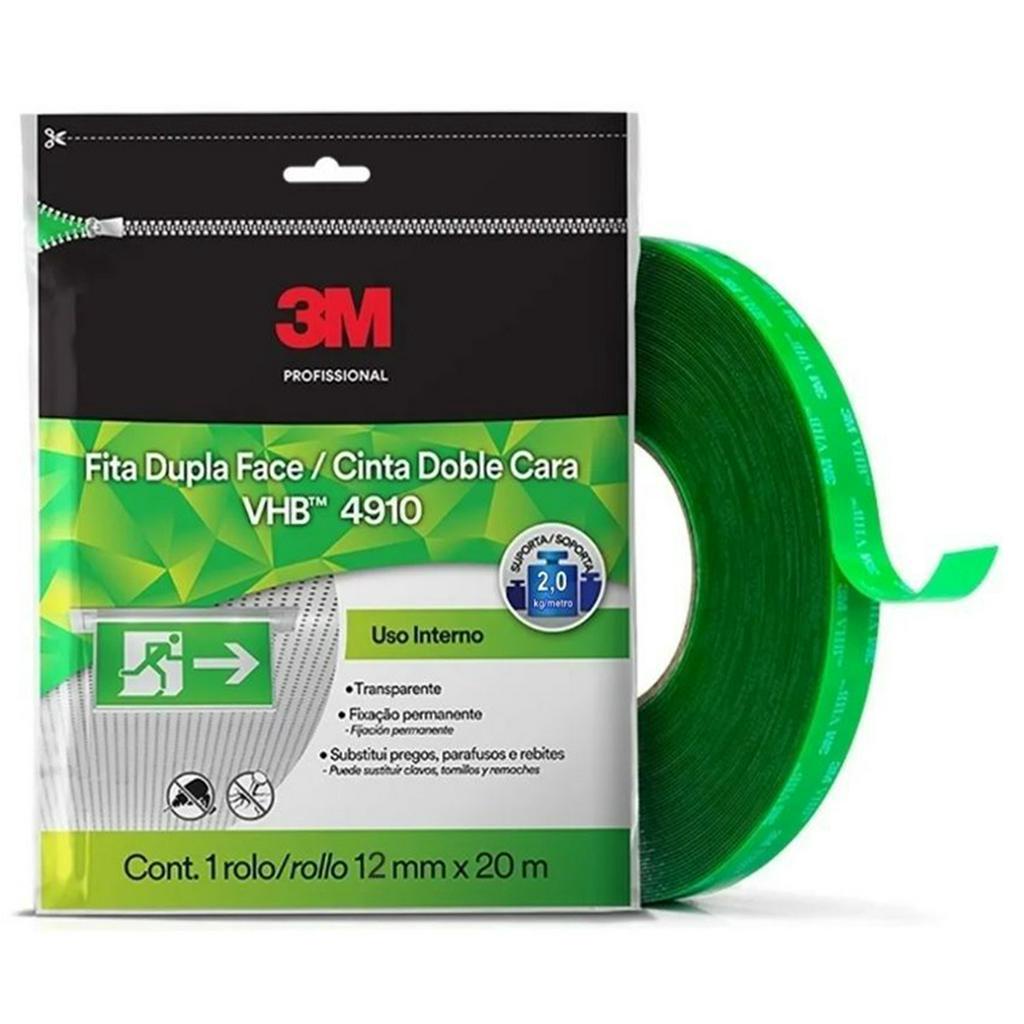 Fita Dupla Face 20 Metros x 12mm VHB Transparente para Uso Interno 3M 4910