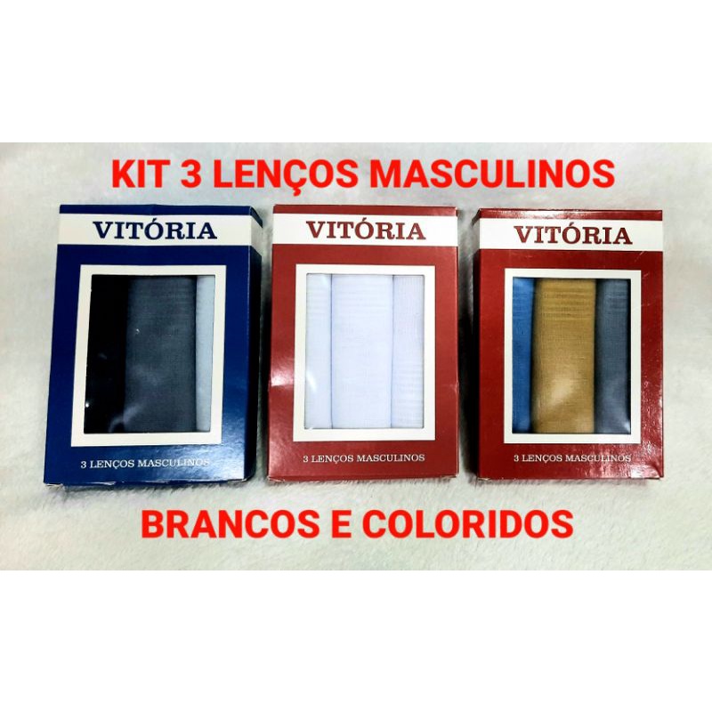 Kit 3 Lenço de Bolso Masculino 28x28 Caixa Vitória Branco Colorido Algodão