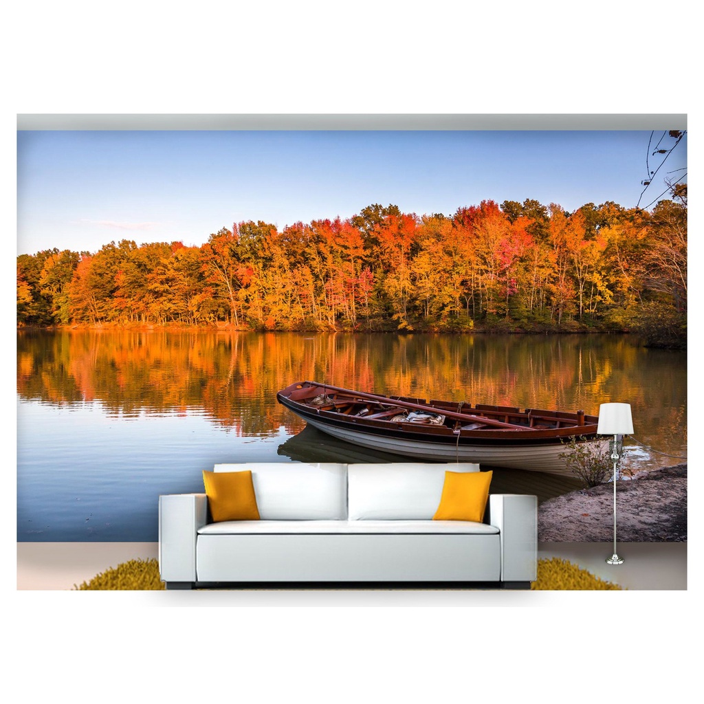 papel de parede Lago canoa árvore outono 3D 10m² NLK144